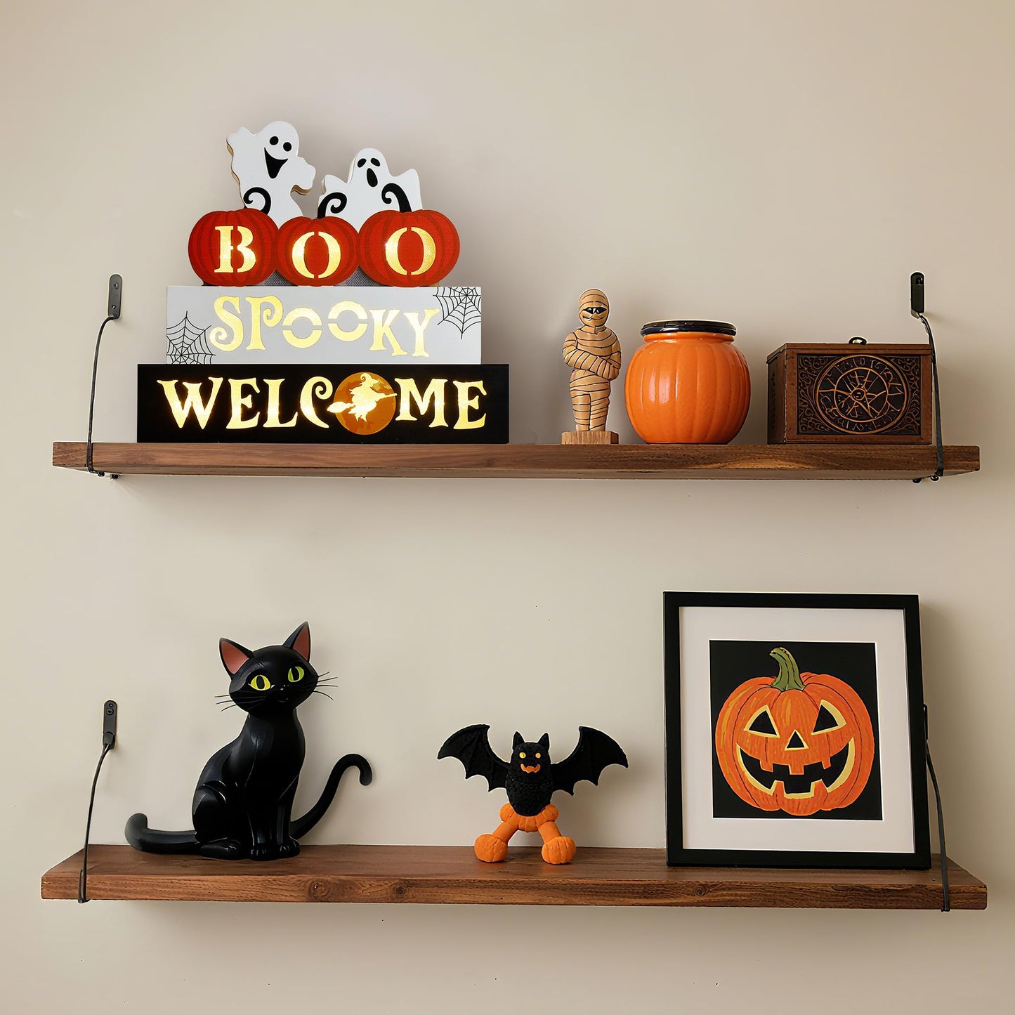 WBao Halloween Decorations Indoor 9.4inch Premium Wooden Block Set with Glowing 3D Letters, Timer, Battery Powered Rustic Farmhouse Centerpiece for Home, Table, Mantel, Shelf Halloween Party Decor