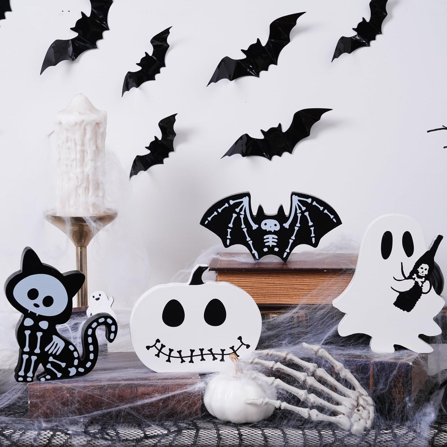4PCS Halloween Decorations Indoor, Halloween Tiered Tray Decor Table Sign, Halloween Wooden Signs Ghost Bat Pumpkin Cat Blocks Signs, Table Decor Halloween Party Decorations for Mantle Home Shelf
