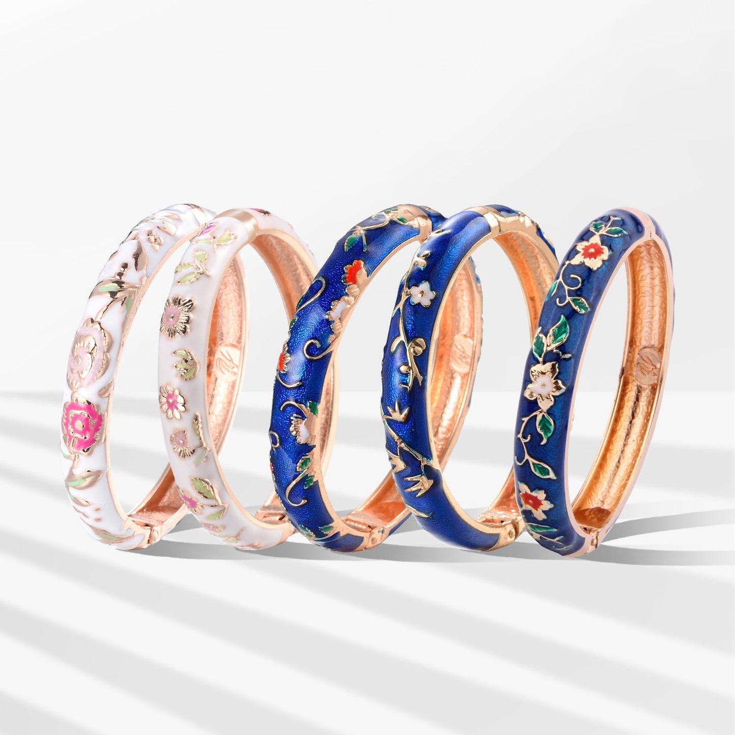 UJOY Bangles 5 Pcs Enamel Jewelry Set Rose Flower Engraved Cloisonne Bracelets Pack in a Box 5PCS Blue White
