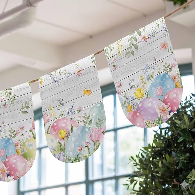 Easter Eggs Banner 3Pcs Indoor Outdoor Hanging Banner Flag Spring Daisy Eucalyptus Leaves Gray Wooden Sign for Fireplace Mantel Decorative Bunting Garland Valance for Shop Door Mantle Decor 9.8"x15.8"