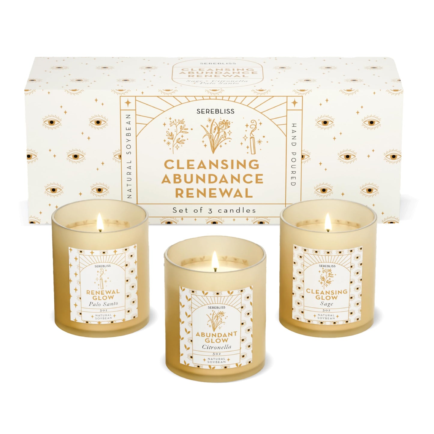 Serebliss Candle Set - 3 Pack Soy Wax Aromatherapy Scented Candles for Energy Cleansing, Manifestation, Palo Santo, Sage, Citronella, Long Lasting, Gift for Women, for her, Smudge Kit