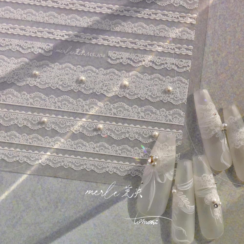 White Lace Nail Stickers 5D Embossed Pearls – Premium Salon-Quality Nail Charm Accessories, Easy Application & Self-Adhesive Rhinestones Pearl for DIY Manicure, Nail Art, Press on, Home or Salon Use