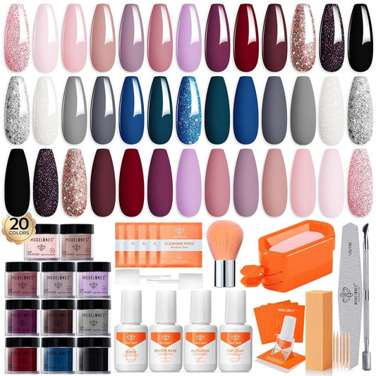 Modelones Dip Powder Nail Kit Starter Glitter 40 Pcs, 20 Colors Nude Pink Burgundy Blue Dipping Powder Liquid Set Base&Top Activator for Nail Powder Dip Kit