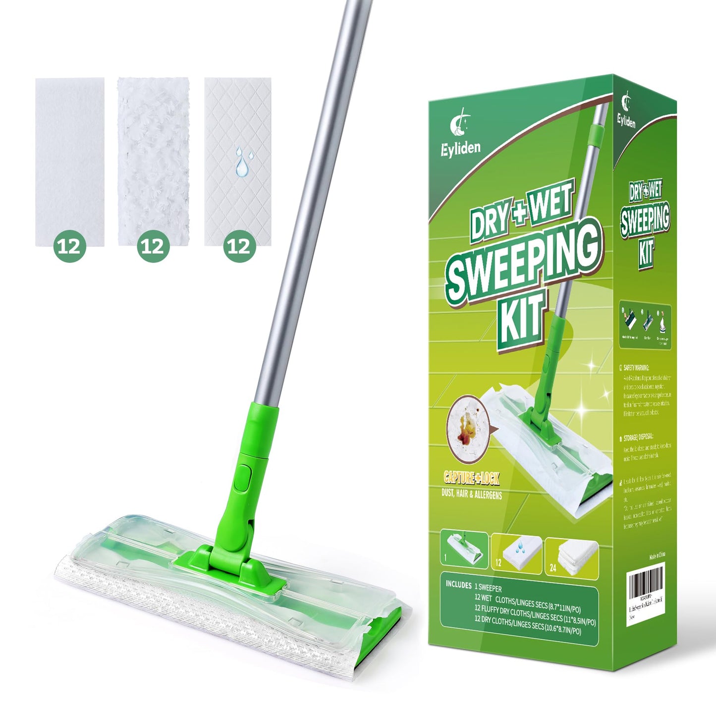 Eyliden Sweeper Mop with 36 Refills - 3 Types of Disposable Dry & Wet Cloths | Lock-Tight Design No Lost Pads, Universal Refills, Multi-Surface Sweeping Starter Kit for Pet Hair, Dust, Floor Cleaning