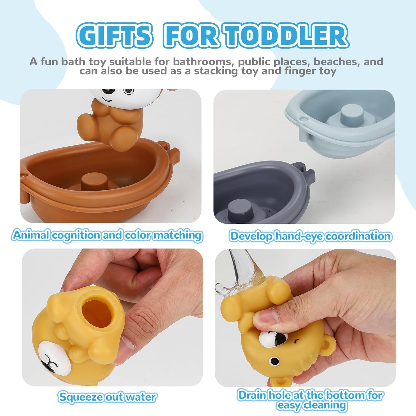 BOBOBELL Bath Toys Float Boats for Kids Ages 18M+,Stackable Floaty Boat,Animal Finger Puppets,Toddler Toys Gifts for 2-4 Year Old Baby Gifts Valentines Easter Basket