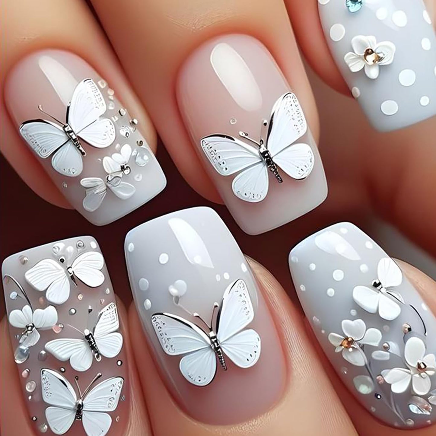 Butterfly 3d Press on Nails Short Square Nails Nude Pink Gradient False Nails Press Nails with Rhinestones Design Acrylic Nails Full Cover Artificial Coffin Nails Acrylic Stick on Nails for Women