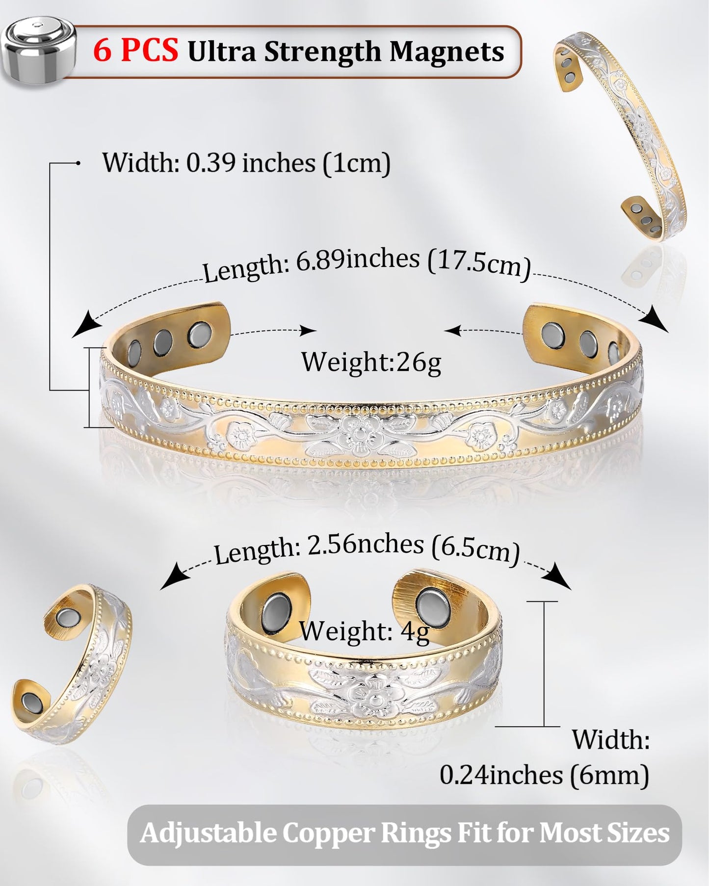 BioMag Copper Bracelet & Ring for Women, 99.99% Pure Copper Magnetic Bracelet Lymphatic Drainage Rings with 3500 Gauss Magnets, Adjustable & Flower Pattern (Gold Base with Silver)