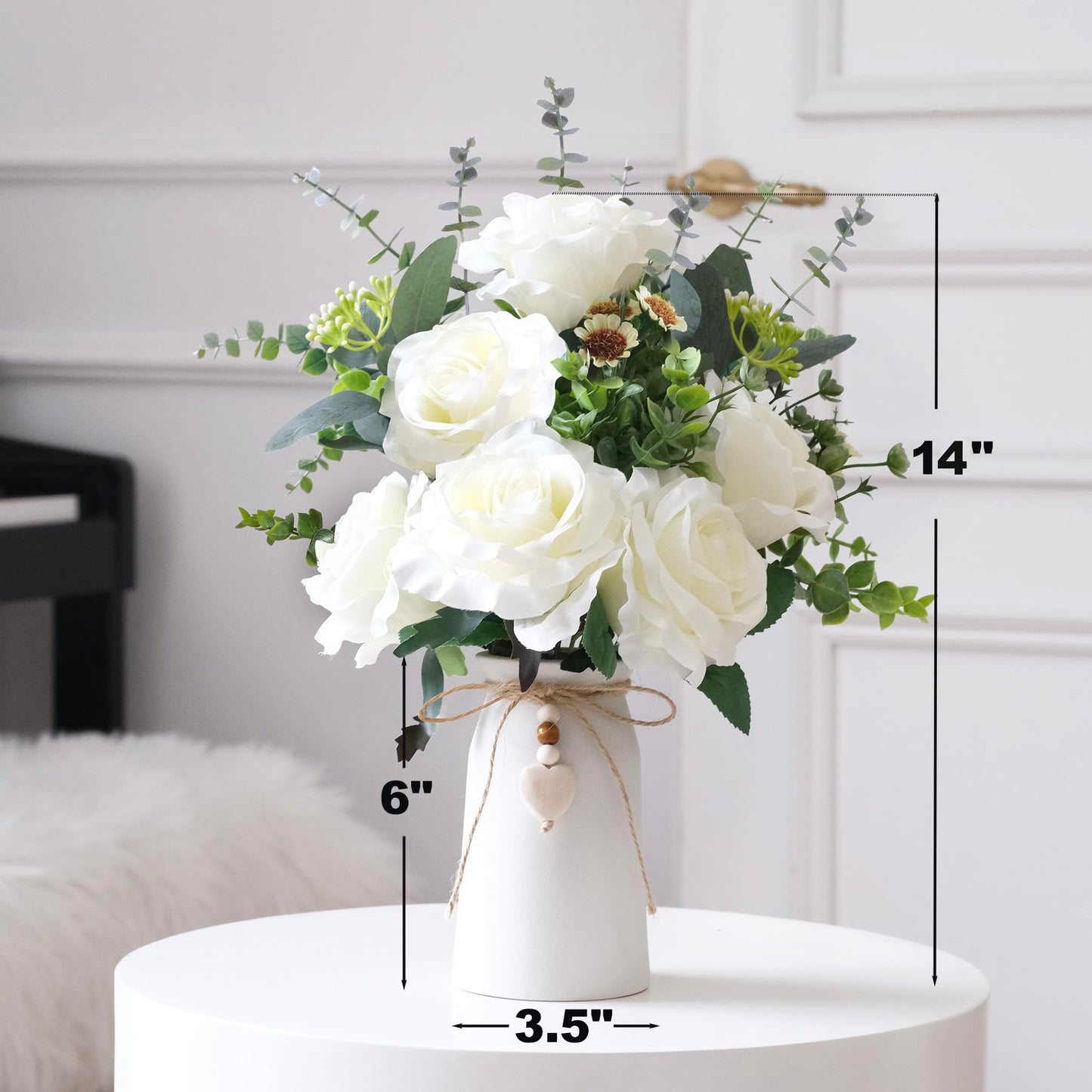 Artificial Rose Flower Arrangement in 6'' White Ceramic Vase with Heart Charm Décor, Flower Arrangement with Eucalyptus Stems and Greenery, Rustic Farmhouse Table Centerpiece, 14"H x 9’’W