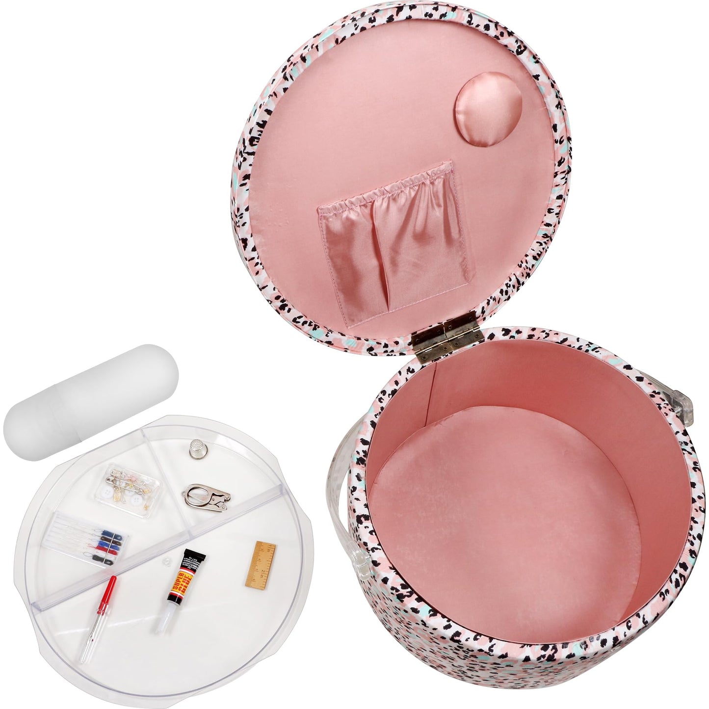 SINGER Large Round Sewing Basket with Emergency Travel Sewing Kit & Matching Zipper Pouch - Rose Pink Leopard Print