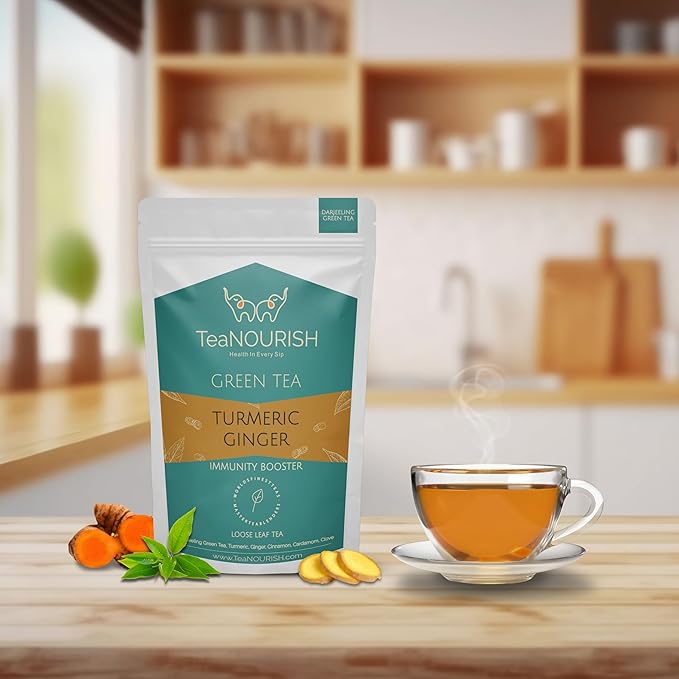 TeaNOURISH Turmeric Ginger Green | Darjeeling Loose Leaf Tea | Blended with Indian Turmeric, Ginger & Cinnamon | 100% NATURAL INGREDIENTS | Brew Hot or Iced Tea - 3.53oz/100g