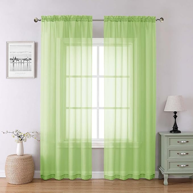 Lecloud Lime Sheer Curtains 84 Inches Long 2 Panels, Solid Voile Light Filtering Long Curtains for Living Room Bedroom, Dual Rod Pockets Transparent Window Treatment Drapes, Each Panel 42" W x 84" L