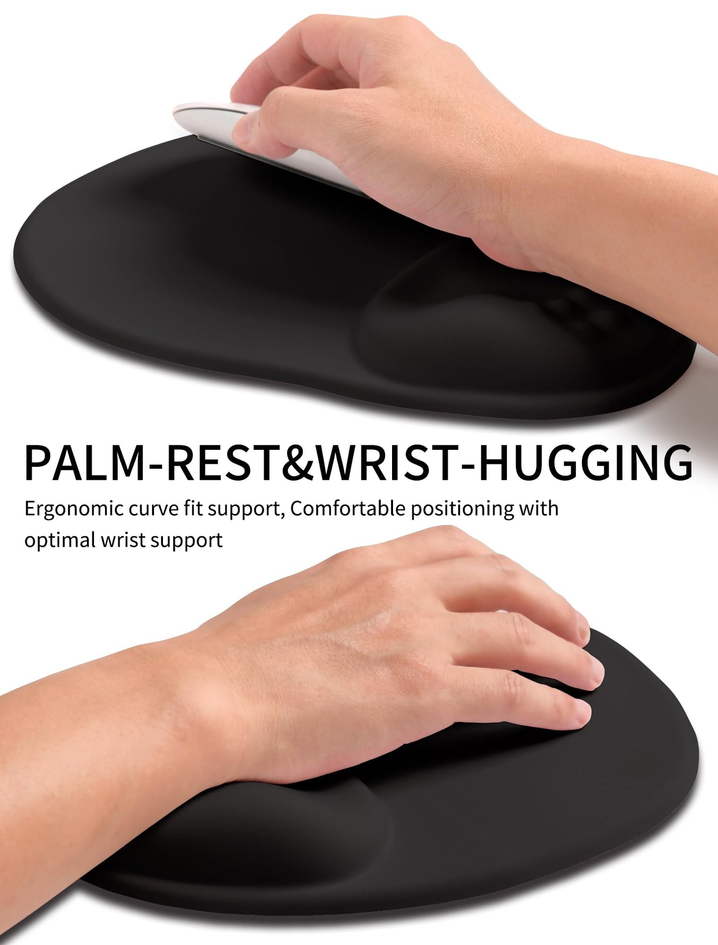 Basibutok Palm-Rest and Wrist-Hugging Mouse Pad Wrist Rest, Ergonomic Wrist Support with Curve Fitting Cushioned Memory Foam for Carpal Tunnel Pain Relief, 9.9 x 8.3 Inch, Dark Night Black