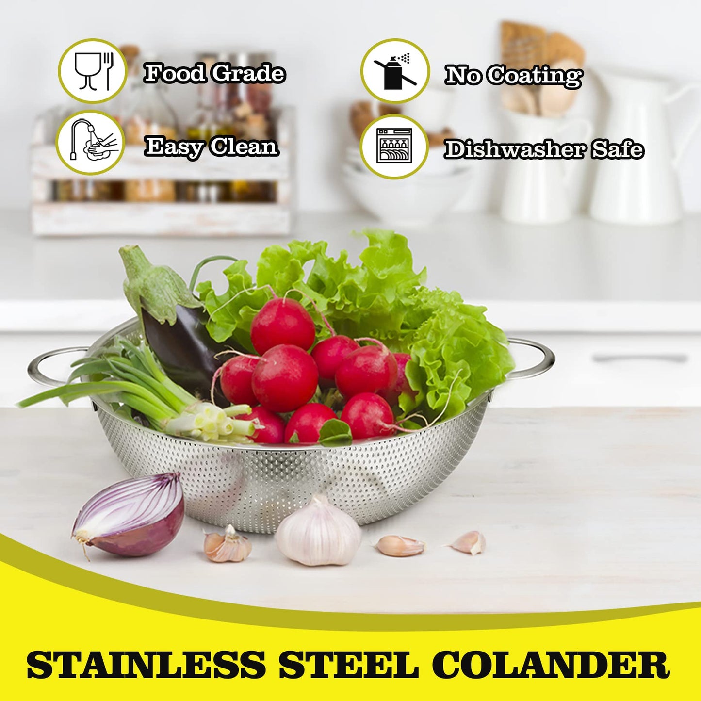 P&P CHEF Stainless Steel Colander, Micro-Perforated Food Strainer with Handle for Washing Draining, Great for Pasta Fruits Vegetables, Dishwasher Safe & Healthy, 1 +3 Qt, 2Pcs