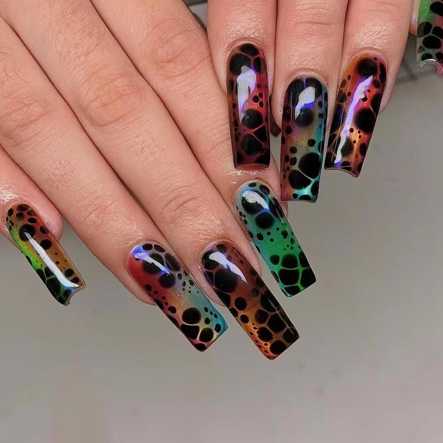 MISUD Press on Nails - Long Square Fake Nails with Colorful Ombre, Acrylic Black Tortoise Shell Design 24 pcs