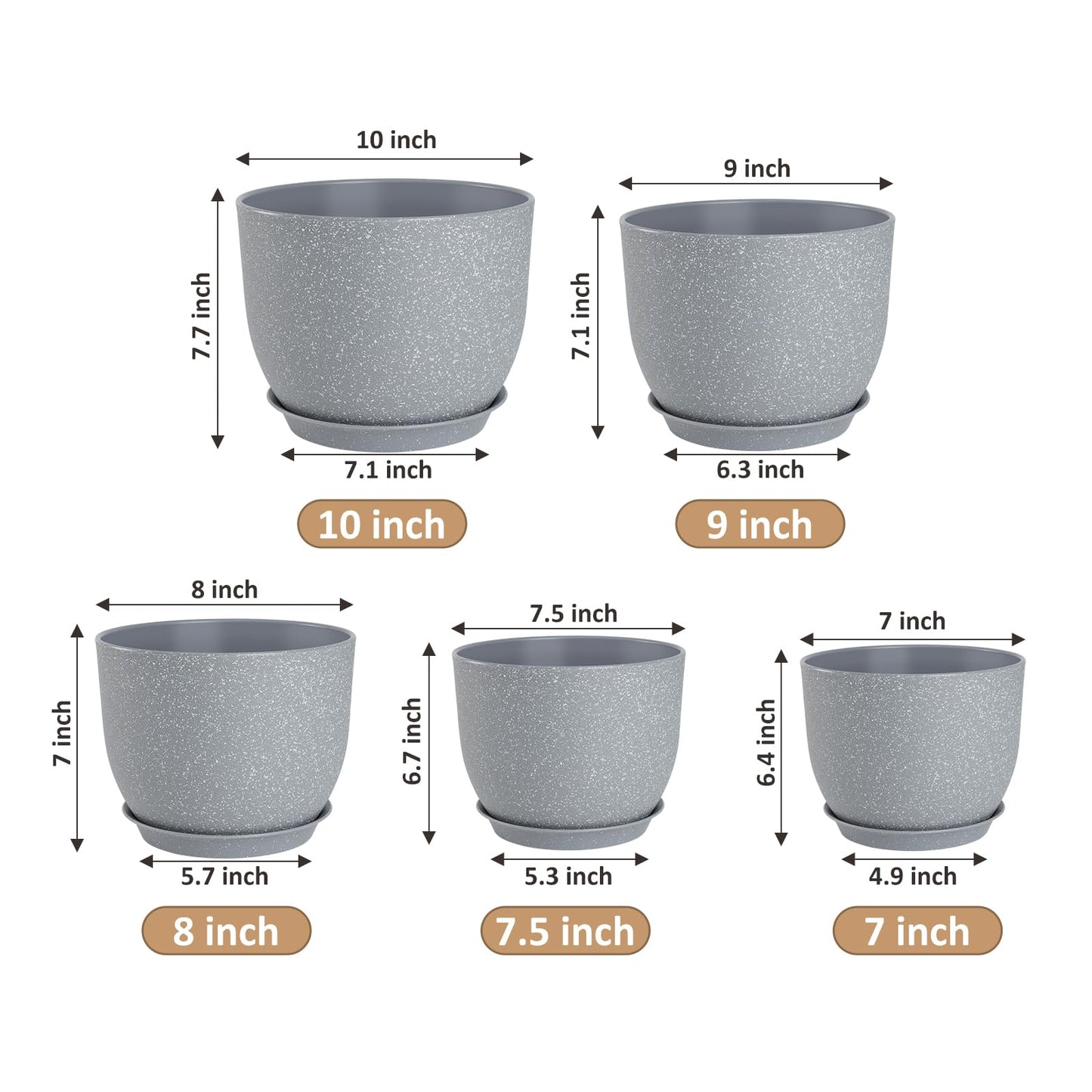YNNICO Plant Pots 10/9/8/7.5/7 inch Flower Pots with Multi Mesh Drainage Holes, Planters for Indoor Outdoor Garden Plants and Flowers. (Gray)