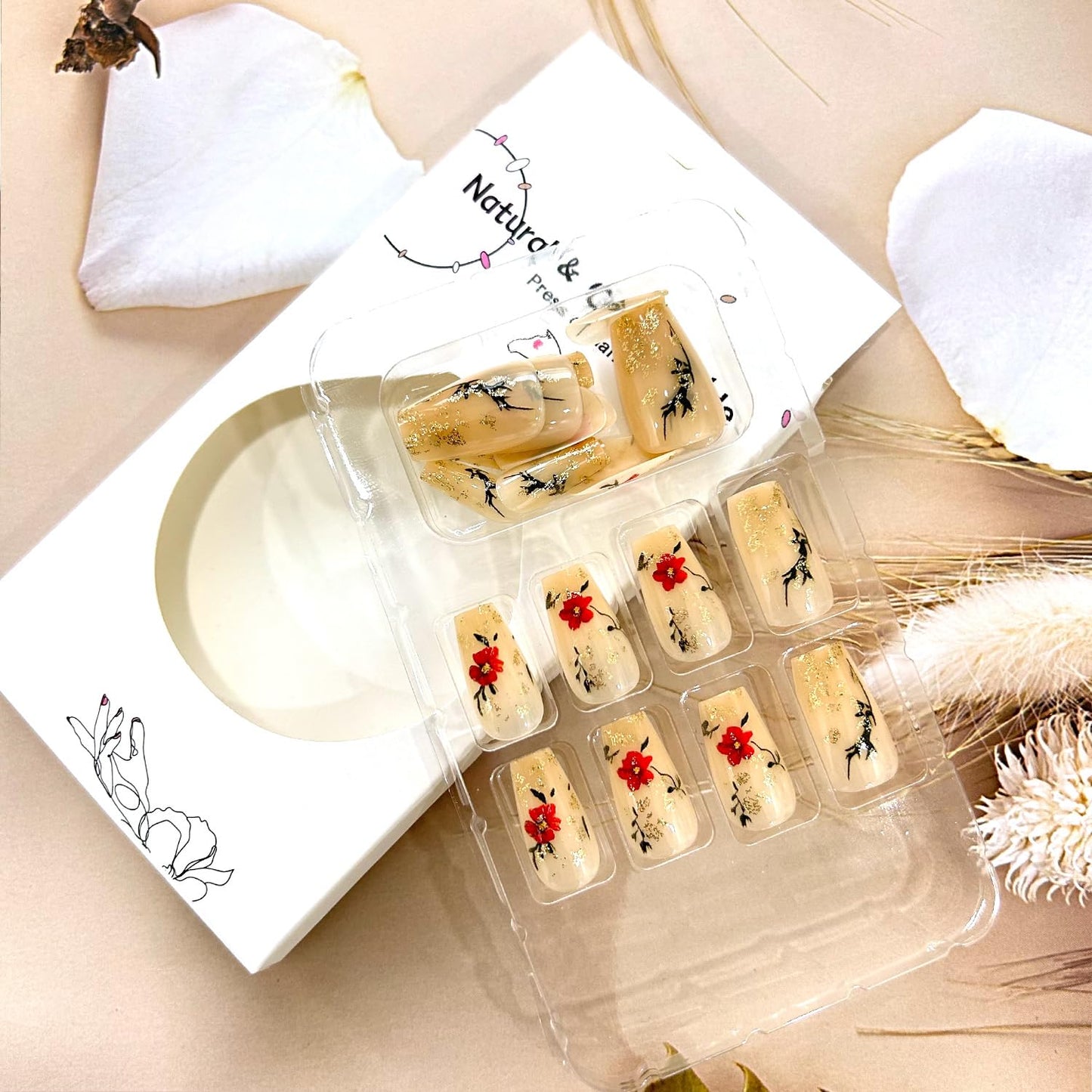Flower Press on Nails Medium Ballet Shaped Gold Glitter Powder Flower Rose Pattern Design Full Cover Glossy Artificial Fingernails Reusable Acrylic Press Ons Stick on Nails for Women Spring Manicure