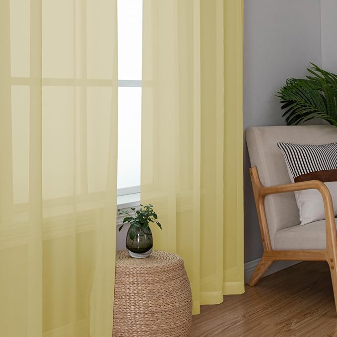 Chyhomenyc Mustard Yellow Sheer Curtains 45 Inches Long, Light Filtering Window Sheer Curtain Panel Drapes, Elegant Rod Pocket Soft Voile for Bedroom Living Room, Each 42Wx45L Inches, 2 Panels