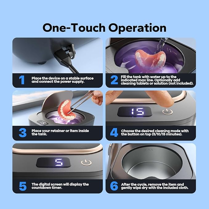 Retainer Cleaner, Ultrasonic Cleaner for Retainers, Mouth Guards, Night Guards & Dentures, Jewelry Cleaner, 48kHz & 3 Timer Modes with UV, 200ml for All Dental Appliances