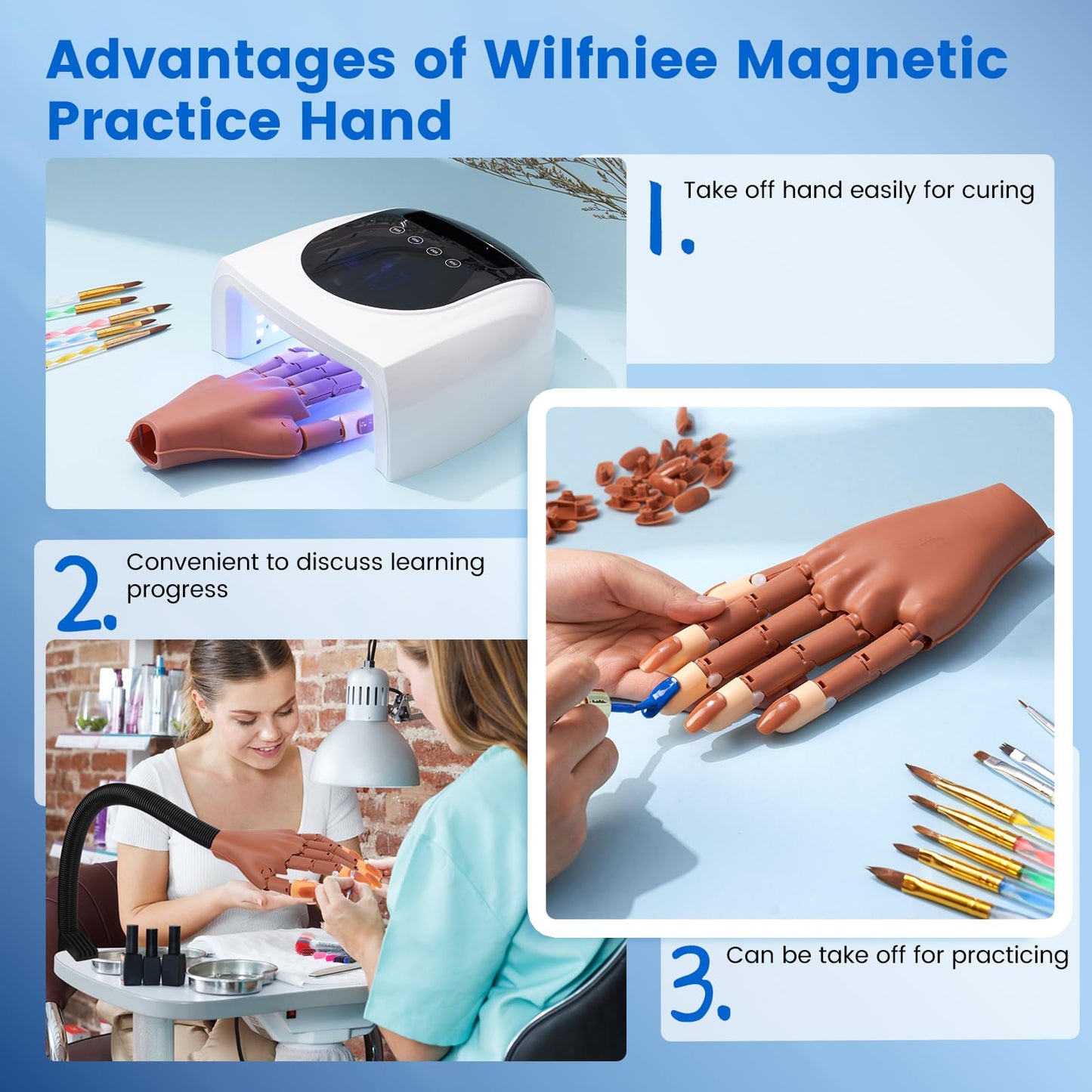 Wilfniee Practice Hand for Acrylic Nails: Magnetic Nail Practice Hand Flexible Fake Hand For Nail Practice Movable Manicure Hand Practice with 100PCS Nail Tips