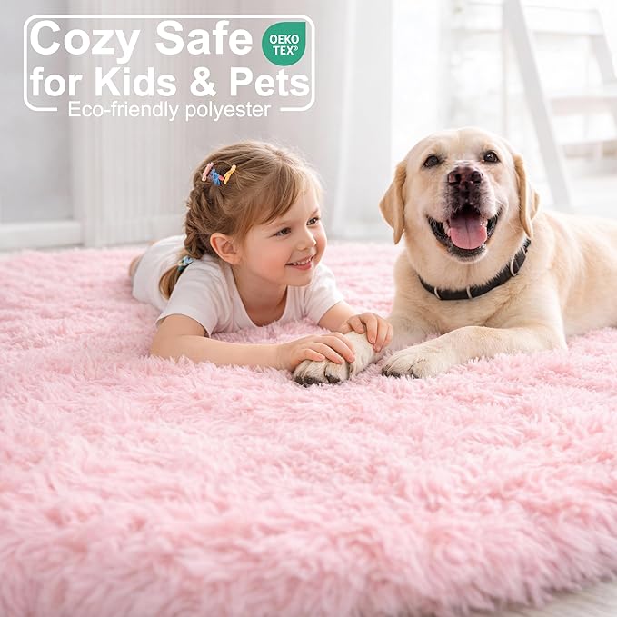 Pink Fluffy Round Rug 5Ft for Girls Bedroom Decor Aesthetic, Shaggy Circle Area Rugs for Kids Room Living Room, Cute Fuzzy Carpet for Nursery, Dorm, Classroom, Teen, Princess, Comfy Baby Playroom Rug