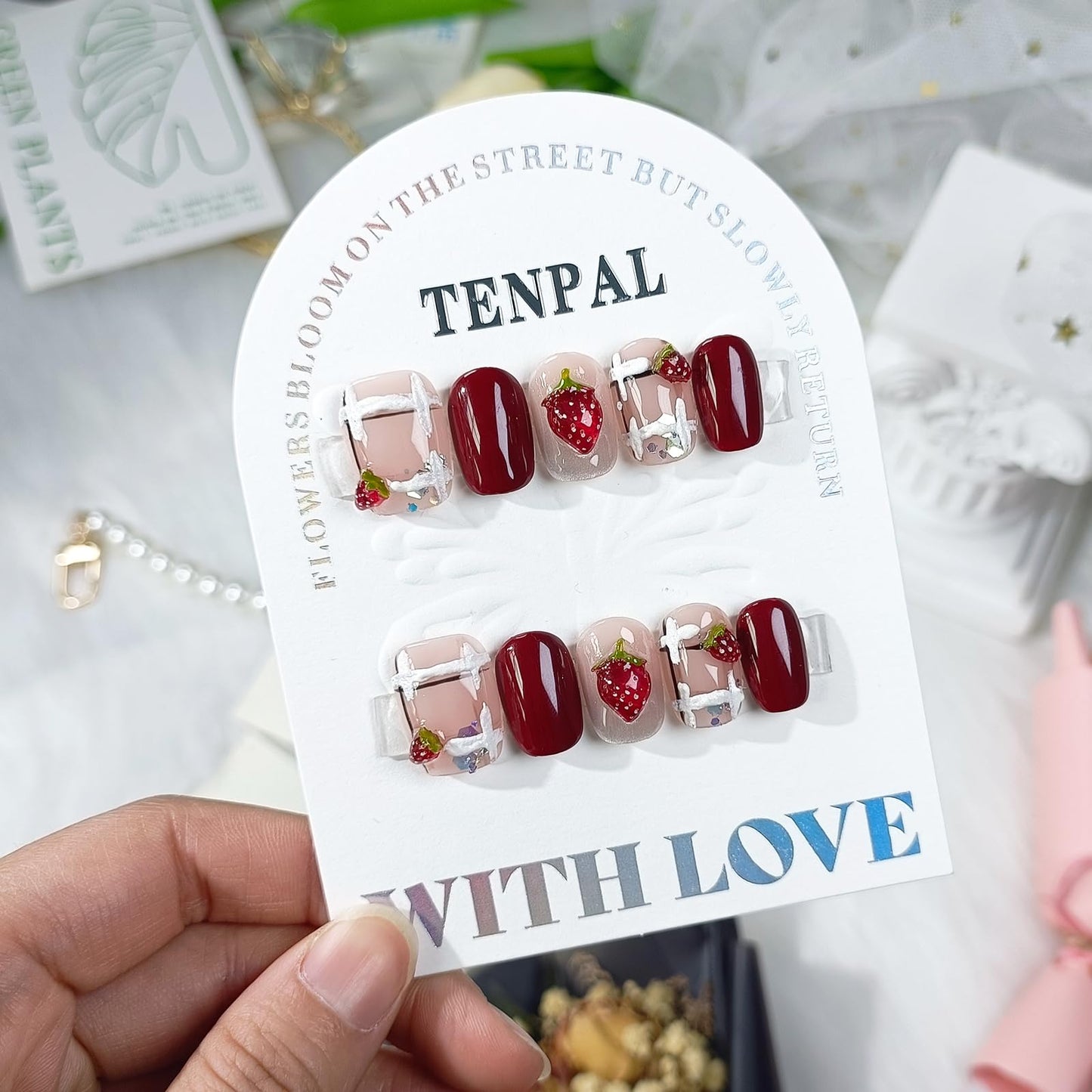TENPAL Handmade Press on Nails Wine Red Nails Press Ons Short Square Gummy Candy 3d Strawberry Fake Nails with Glue Glossy Glitter Glue on Nails Short 10pcs/box Cute Stick on Nails for Women(M)