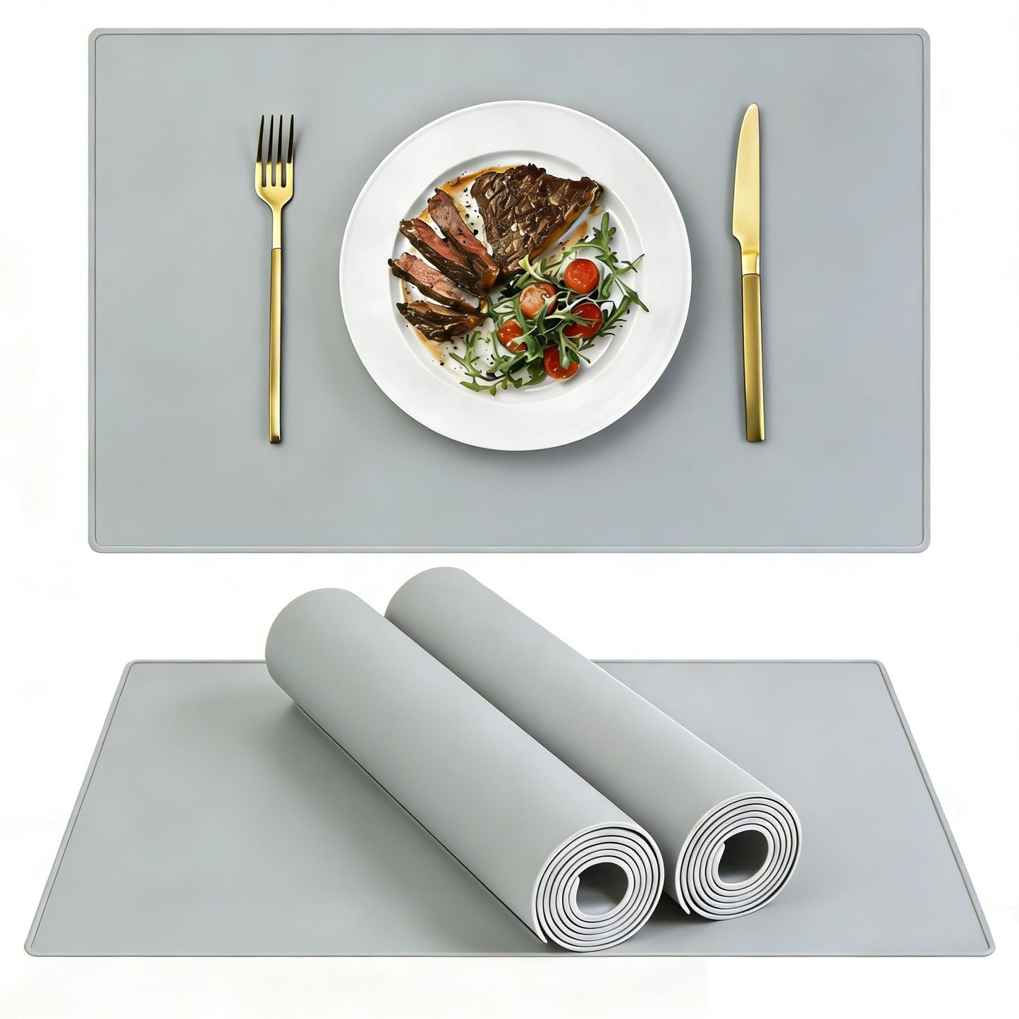 IYYI Silicone Placemats, Dining Placemats Set of 4, Waterproof Placemats for Kids, Heat Resistant Non-Slip Silicone Mats for Dinner Table, Dishwasher Safe (Light Gray, 18.9×11.8)