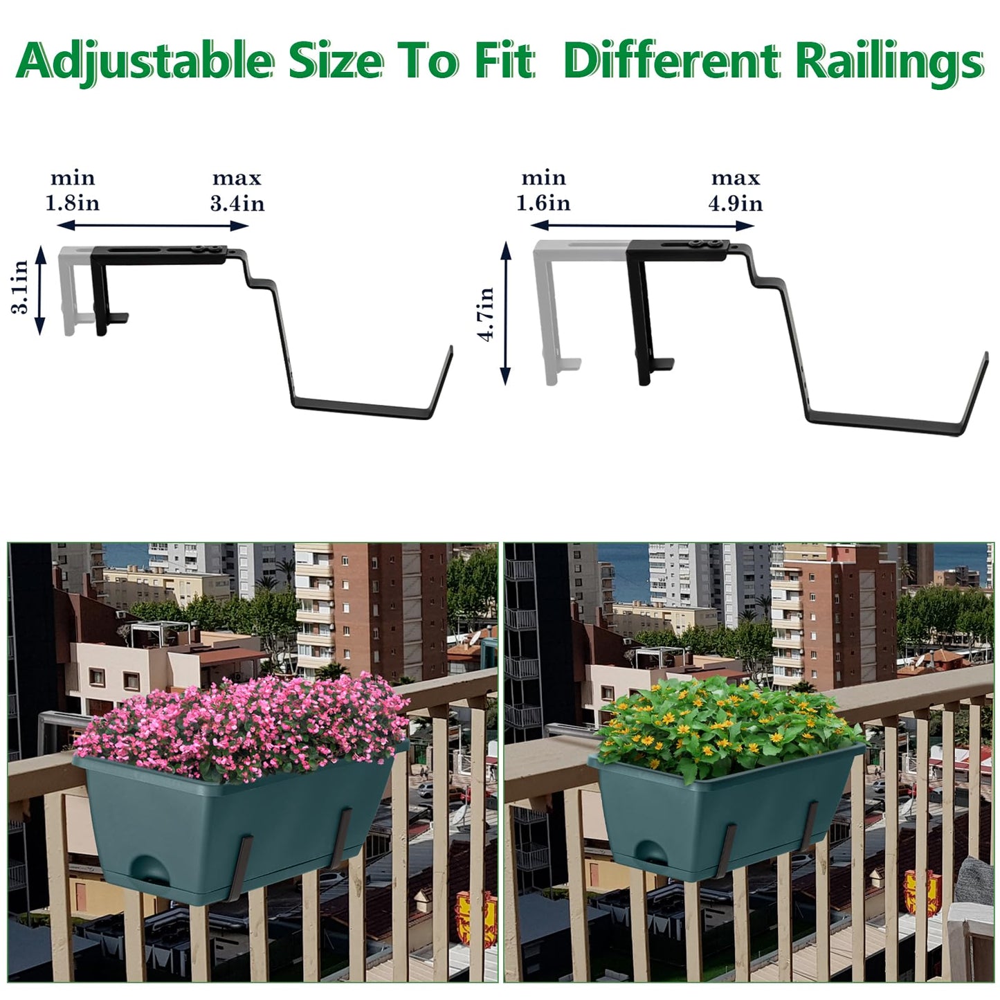Window Boxes Planters with Adjustable Brackets Set of 2 Outdoor Fence Planters, Over the Deck Railing Planter Box with 6 Pack Hanging Plastic Flower Pots, Drainage Holes for Balcony, Patio, Green