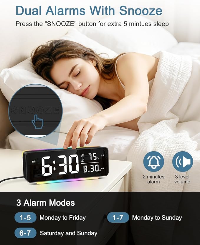 Digital Alarm Clock, LED Digital Clock for Heavy Sleepers/Kids with 11 Colors Night Light, 5 Levels Brightness, Dual Alarm, 3 Volume, Snooze, Night Mode, Desk Clock for Home, Bedroom, Office