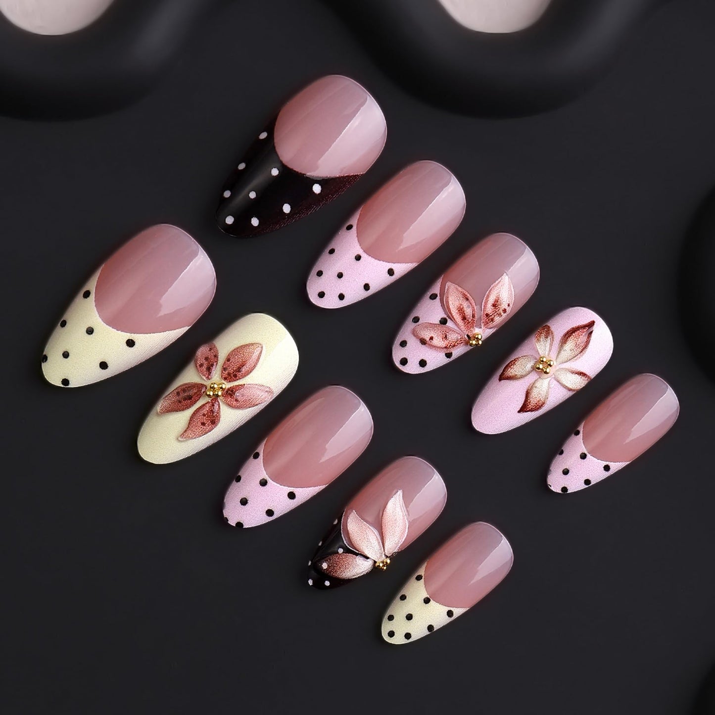 Almond Press on Nails Long Fake Nails French Artificial Nail Pink Flowers Handmade Stick on Nail for Women 24pcs