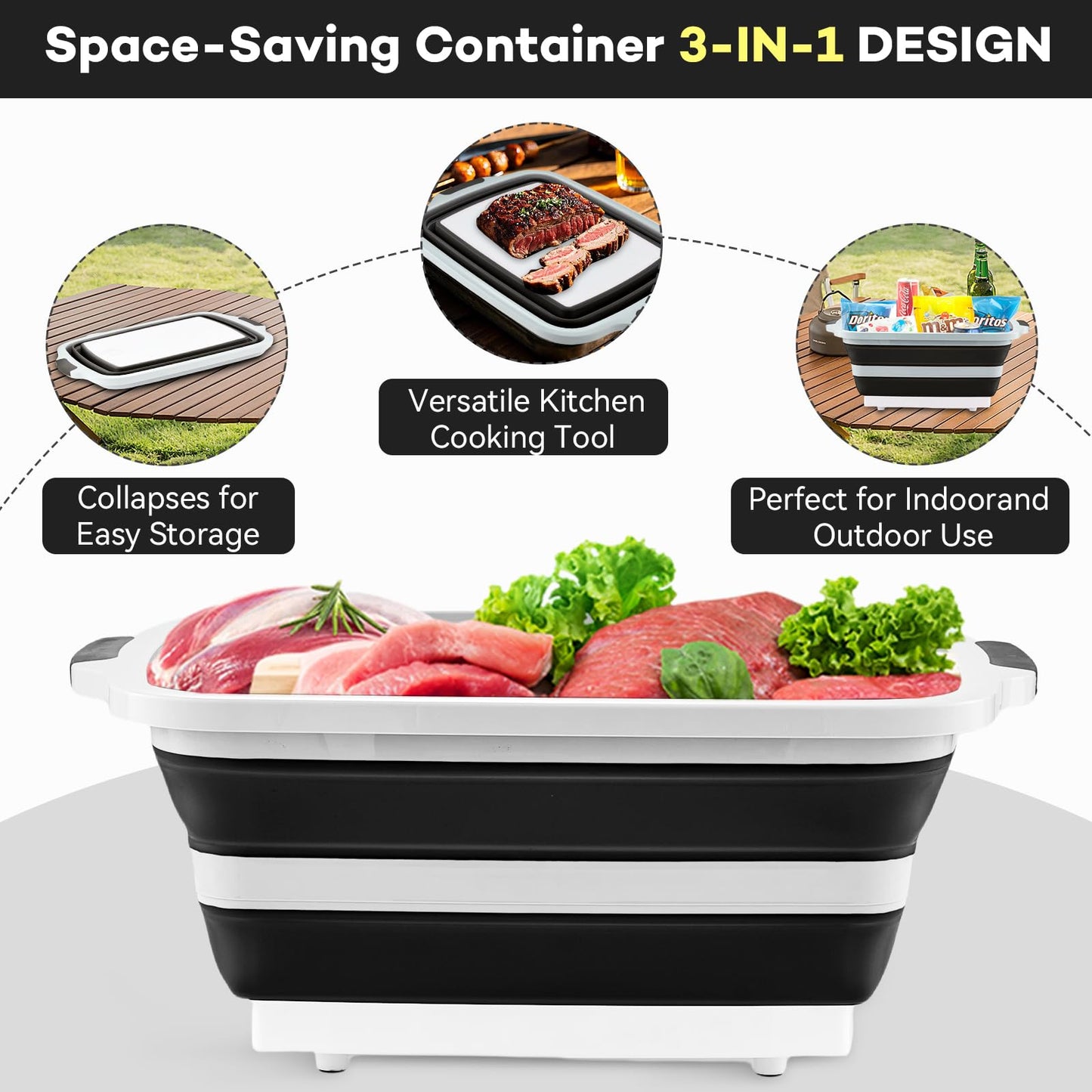 BBQ Prep Tub with Lid and Cutting Board, Collapsible Barbecue Tool Set for Marinating, Meal Prep, Food Storage, Grilling, Camping and Outdoor Cooking, Dishwasher Safe, Black XX-Large