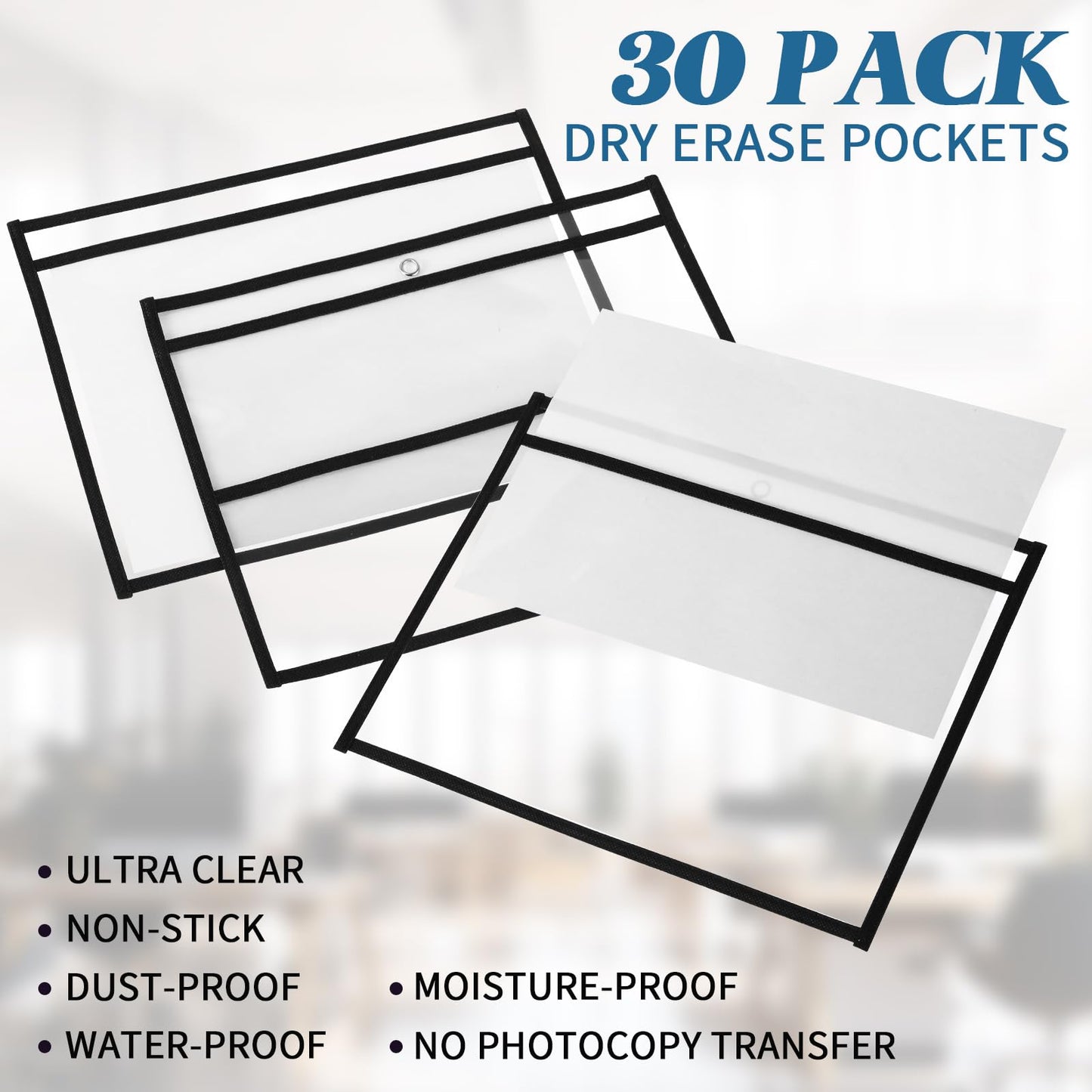 Ireer 30 Pcs Dry Erase Document Holder, Horizontal Job Ticket Holder 8.5x11, Dry Erase Pocket, Reusable Clear Plastic Paper Sleeve, Plastic Paper Holder for Office Business(Black)