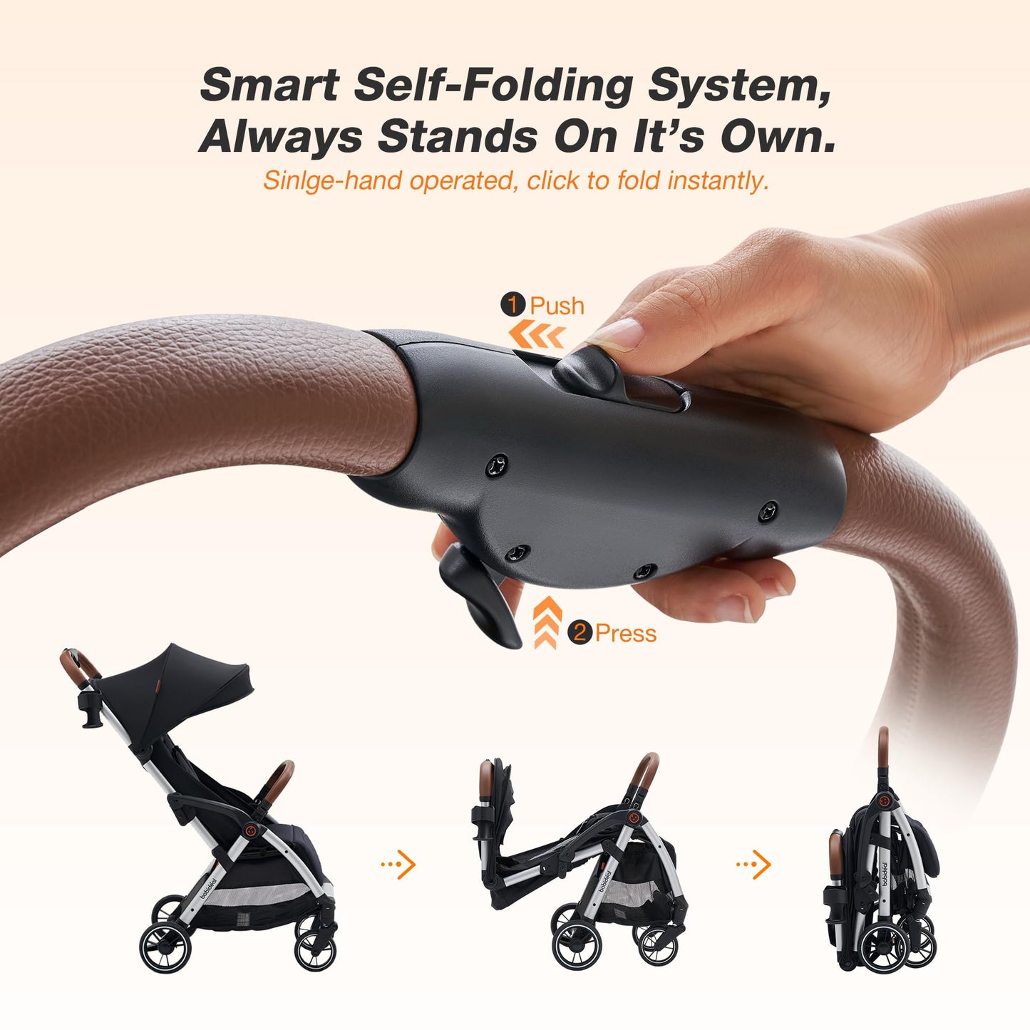 Babideal Lightweight Travel Stroller for Baby, Self-Folding Toddler Stroller with Large Canopy, Full-Reclining Seat, Cup Holder Included - Newborn to 50lbs. (Black)