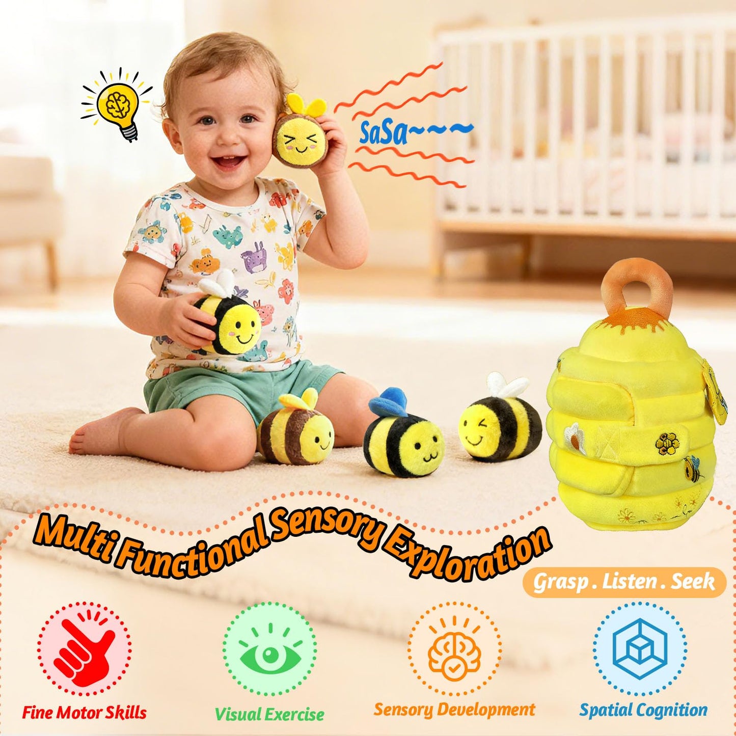 wahaczon Baby Toys - Soft Beehive with 5 Sensory Bees Crinkle, Rattle, Squeaker, Mirror Portable Sensory Toys Montessori Bee Toy for Toddlers, Boy Girl Birthday Christmas Gift