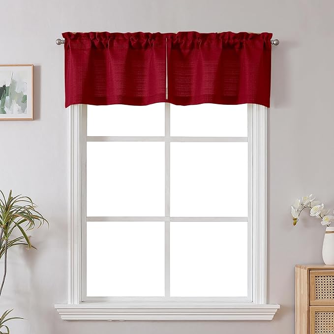 Chyhomenyc Christmas Red Valance for Windows, Light Filtering Faux Linen Textured Small Short Valances for Bathroom Laundry Basement, Airy Rod Pocket Top Window Curtain, 30Wx14L inch, 2PCS