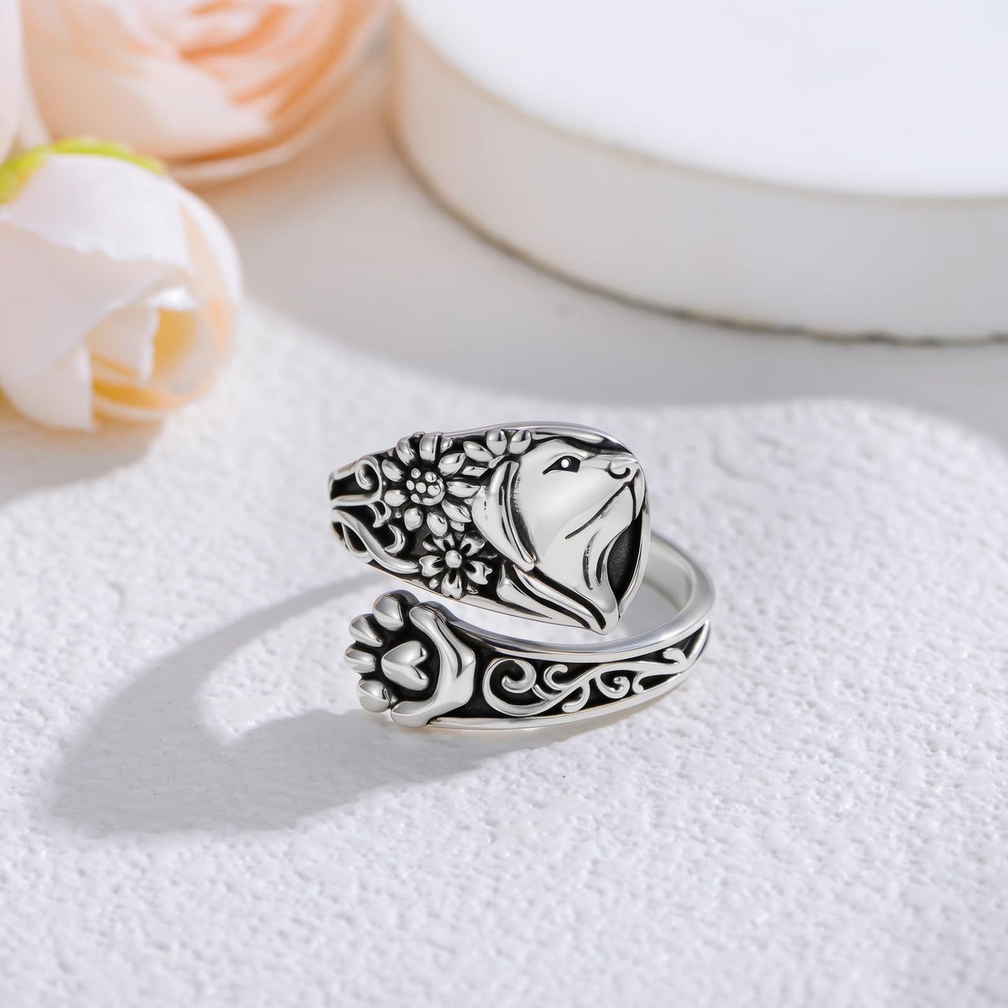 Midari Dog Spoon Rings for Women Sterling Silver Adjustable Vintage Paw Print Ring Finger Thumb Rings Puppy Jewelry Dog Lovers Birthday Halloween Christmas