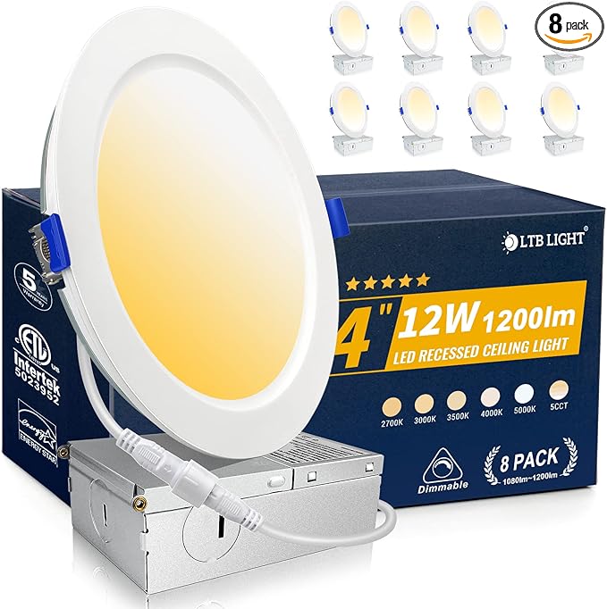 8 Pack Recessed Lighting 4 inch, 3000K Ultra-Thin LED Canless Recessed Lighting, Retrofit Dimmable Recessed Lights, 1200LM 12W=150W Wafer Lights - ETL & Energy Star Certified