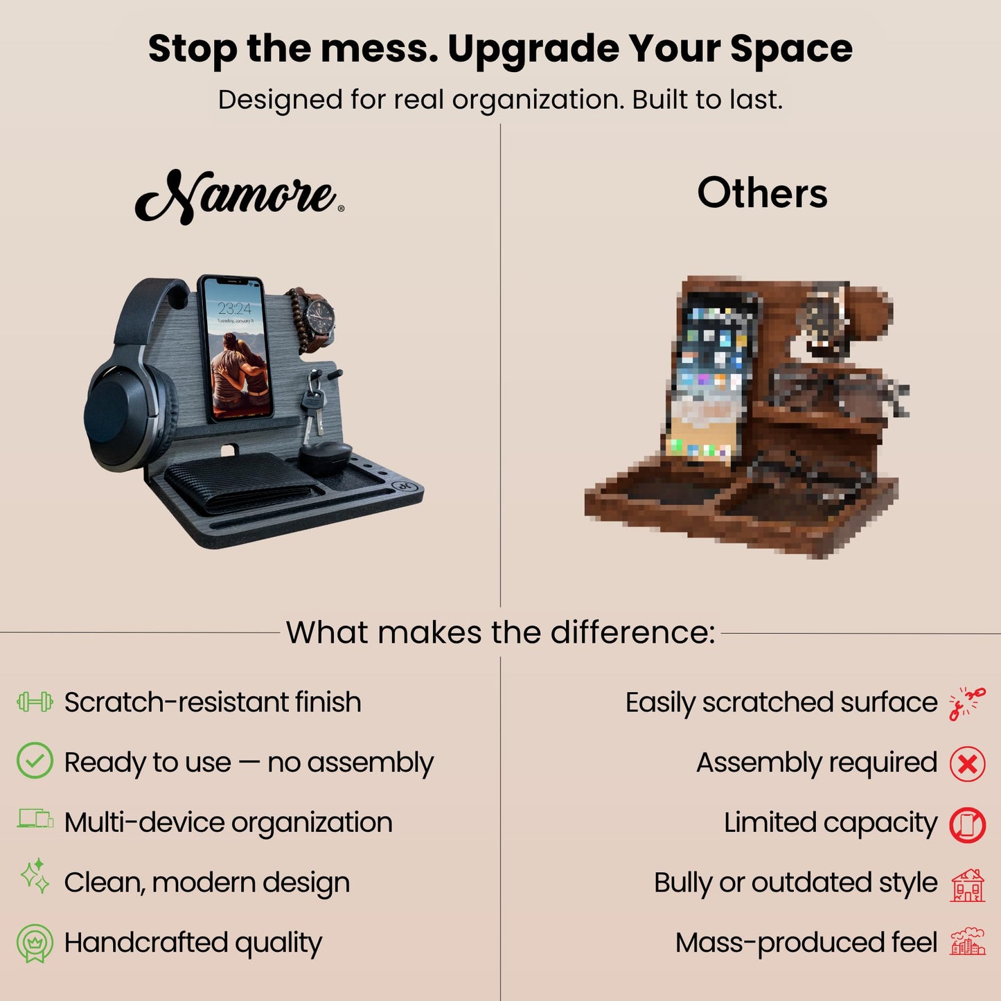 Namore Wood Phone Docking Station for Men – Nightstand & Desk Organizer with Valet Tray for Wallet, Watch & Keys – Bedside Organizer Gift for Husband or Dad