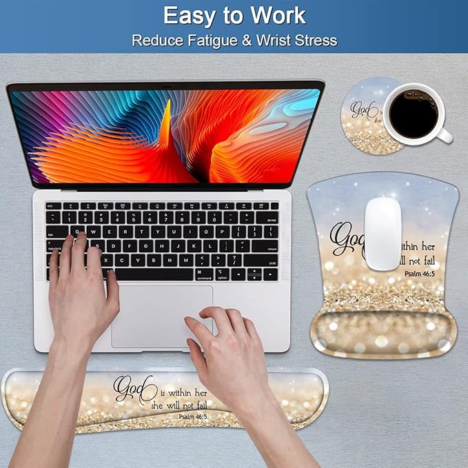 Keyboard Wrist Rest and Mouse Pad Wrist Support Set with Cute Coasters, Non-Slip PU Base Ergonomic Gaming Mousepad for Home Office Working Studying Easy Typing & Pain Relief, Bible Verses Psalm 46:5