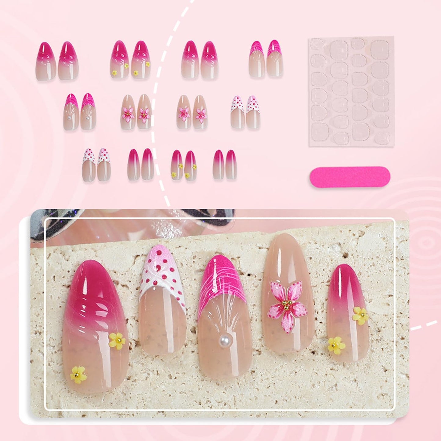 24Pcs Pink Gradient Press on Nails Medium Almond Fake Nails with 3D Seashell Flowers and Hand-Painted Pearls Designs French Nails Cute Stick on Nail Floral False Nails for Women