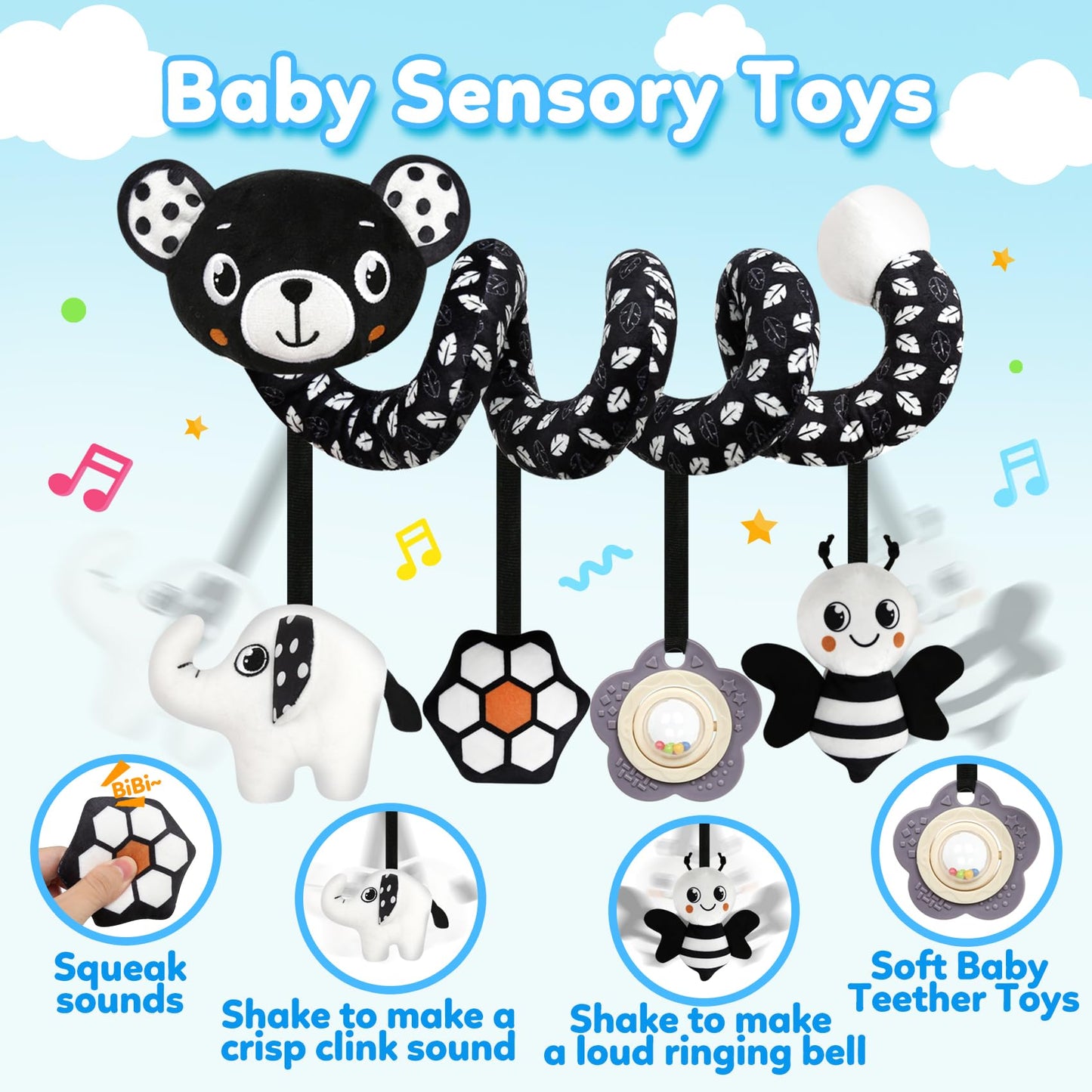 GKDOMS Baby Carseat Toy Black & White Rattle Spiral Hanging Activity Stroller Toy for Newborns Boys and Girls - Bear