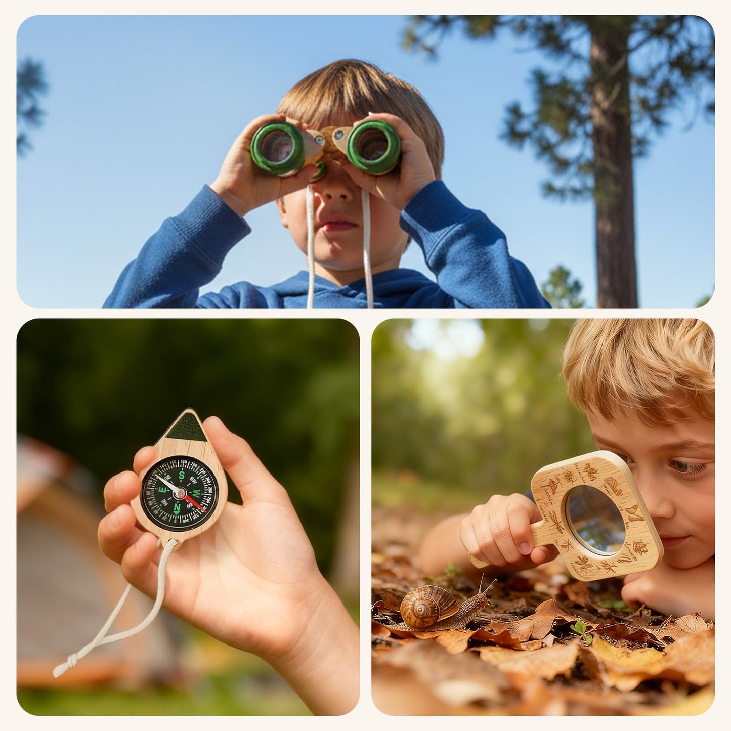 Kids Outdoor Explorer Kit Ages 4–8, Wooden Binoculars, Compass and Knot-Tying Board, Nature STEM Learning & Camping Toy Birthday Gift for Boys and Girls