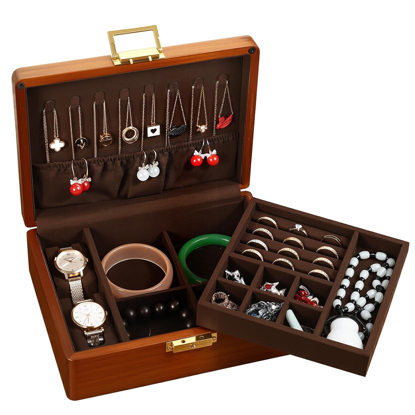 LIBOLXSP Solid Walnut Wood Jewelry Box with Lock,2 Layer Velvet Lined for Earrings Rings Necklaces Bracelets Watches,Both Style and Security, for Men Women,Vintage Brown