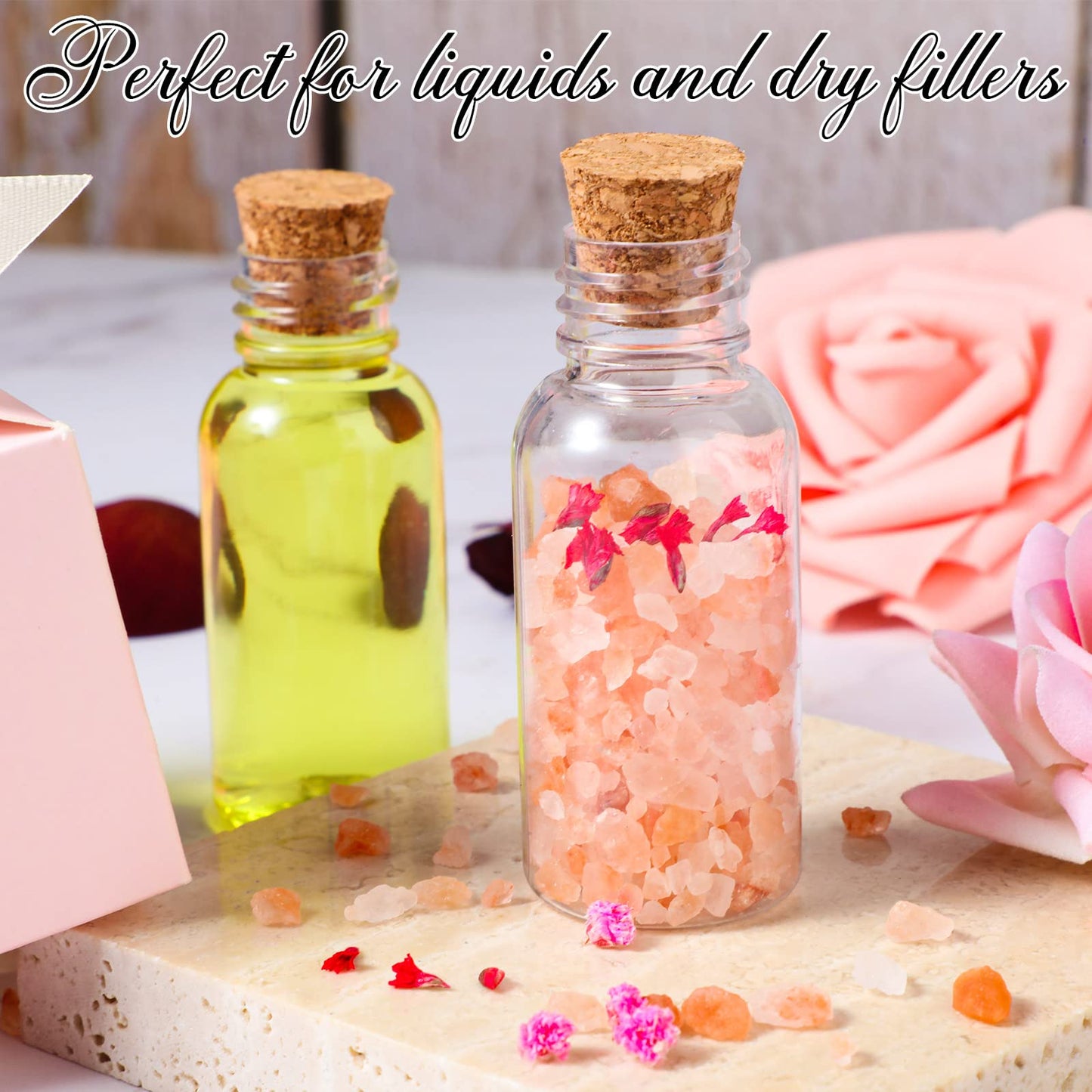 Sabary 50 Packs 1 oz Plastic Sand Art Bottles with Cork Stoppers Mini Vial Potion Bottles Perfume Cork Jar with Mini Funnels for Filling Jar for DIY Craft, Essential Oil, Message, Party Favor