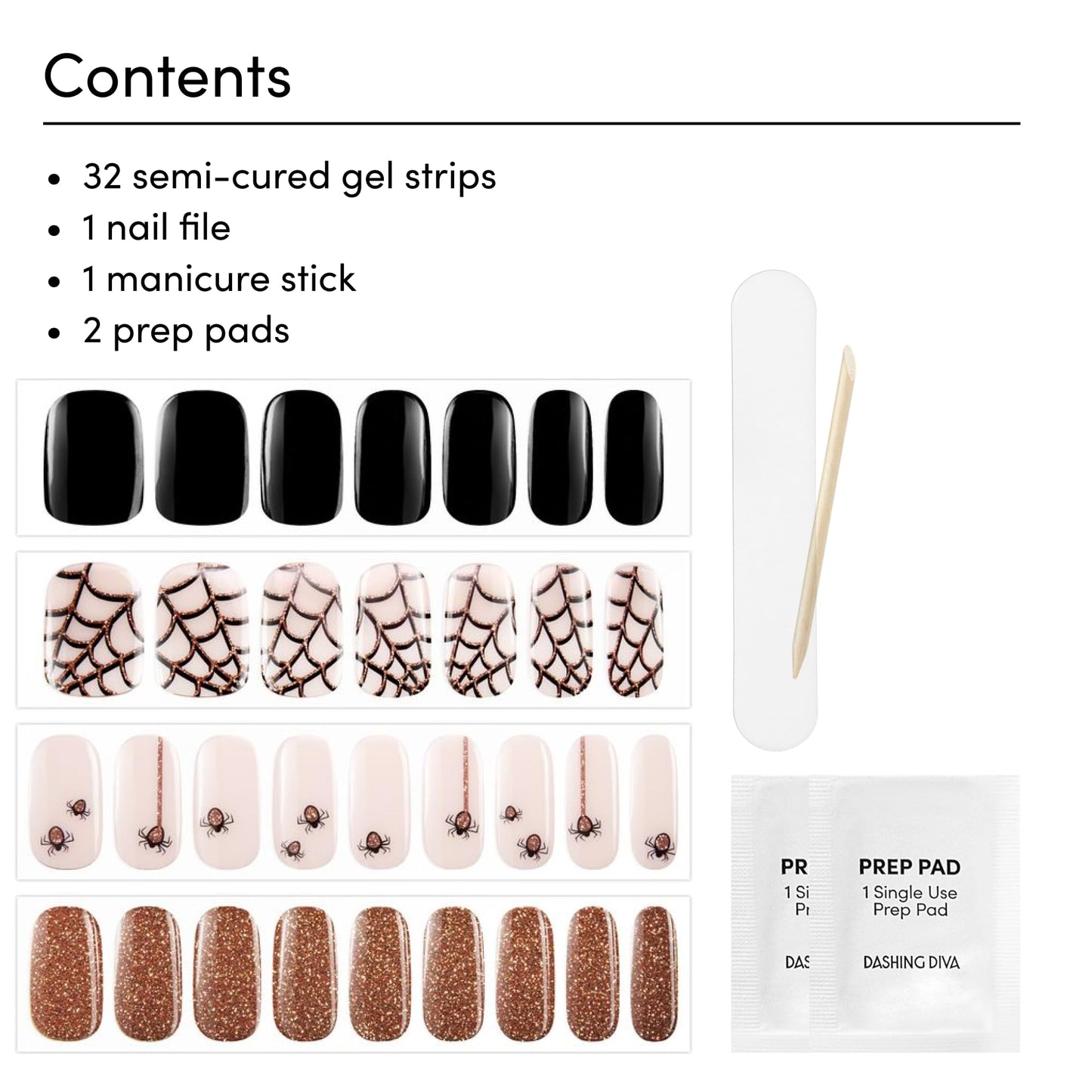 Dashing Diva Glaze Nail Strip Set - Arachnophobia - Long Lasting, Chip Resistant, Semi-Cured Gel Nail Strips - Gel Set - 4-Piece Manicure Kit with 32 Strips