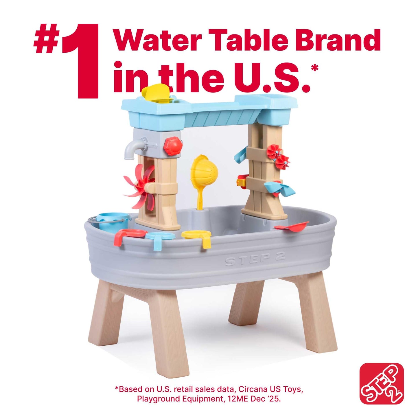 Step2 Rain Showers & Flow Kids Water Table, Outdoor Toddler Activity Table, 15-Piece Accessory Set, Ages 1.5+ Years Old, Multicolor (Gray, Blue, Red)