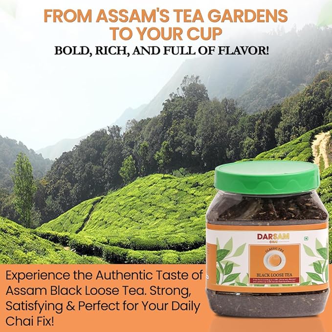 Darsam Assam Black Tea 8.8oz (250g) Whole Leaf, Single-Origin, Unblended Loose Leaf, Bold & Aromatic Daily Brew, Airtight Jar for Freshness, Non-GMO, Gluten-Free