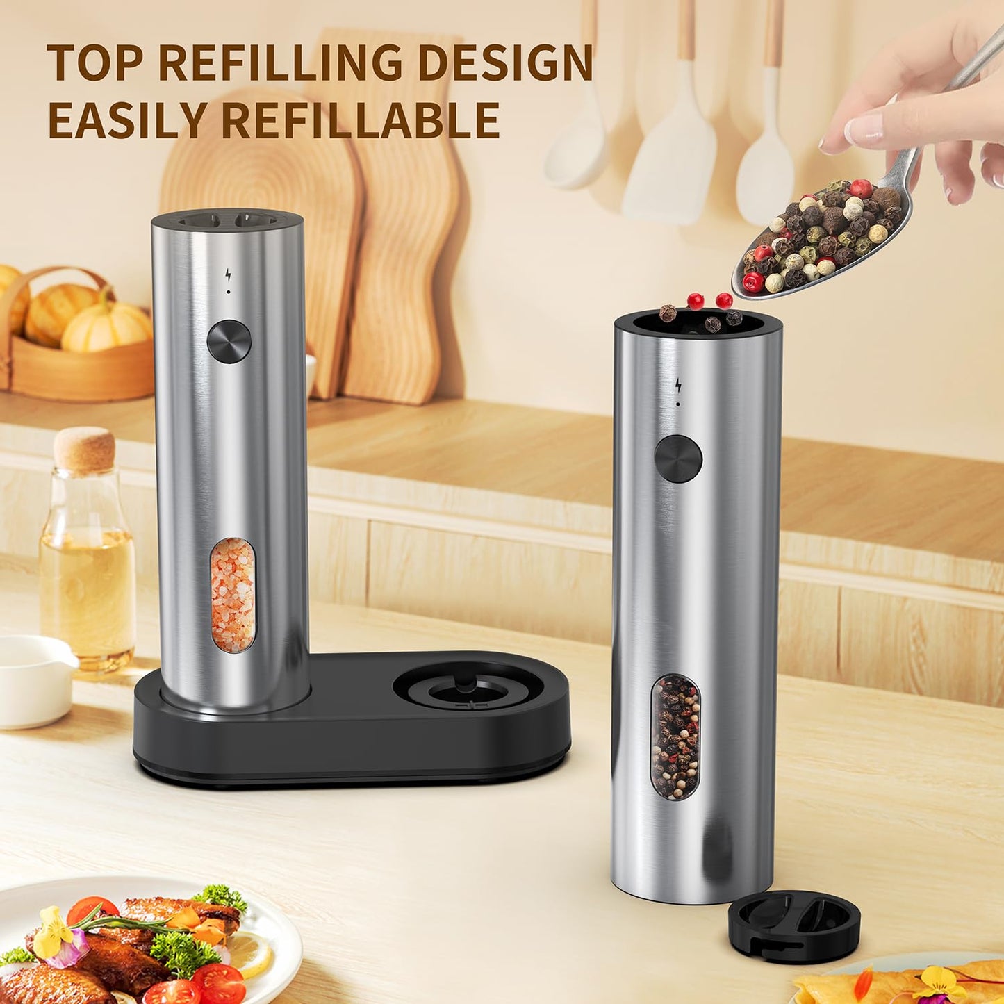 Electric Salt and Pepper Grinder Set with Charging Base,Stainless Steel Automatic Pepper Grinder Set Top-Refill,Flexible Coarsenes,110ml Larger Capacity with LED Light for Home Kitchen (2 pack)