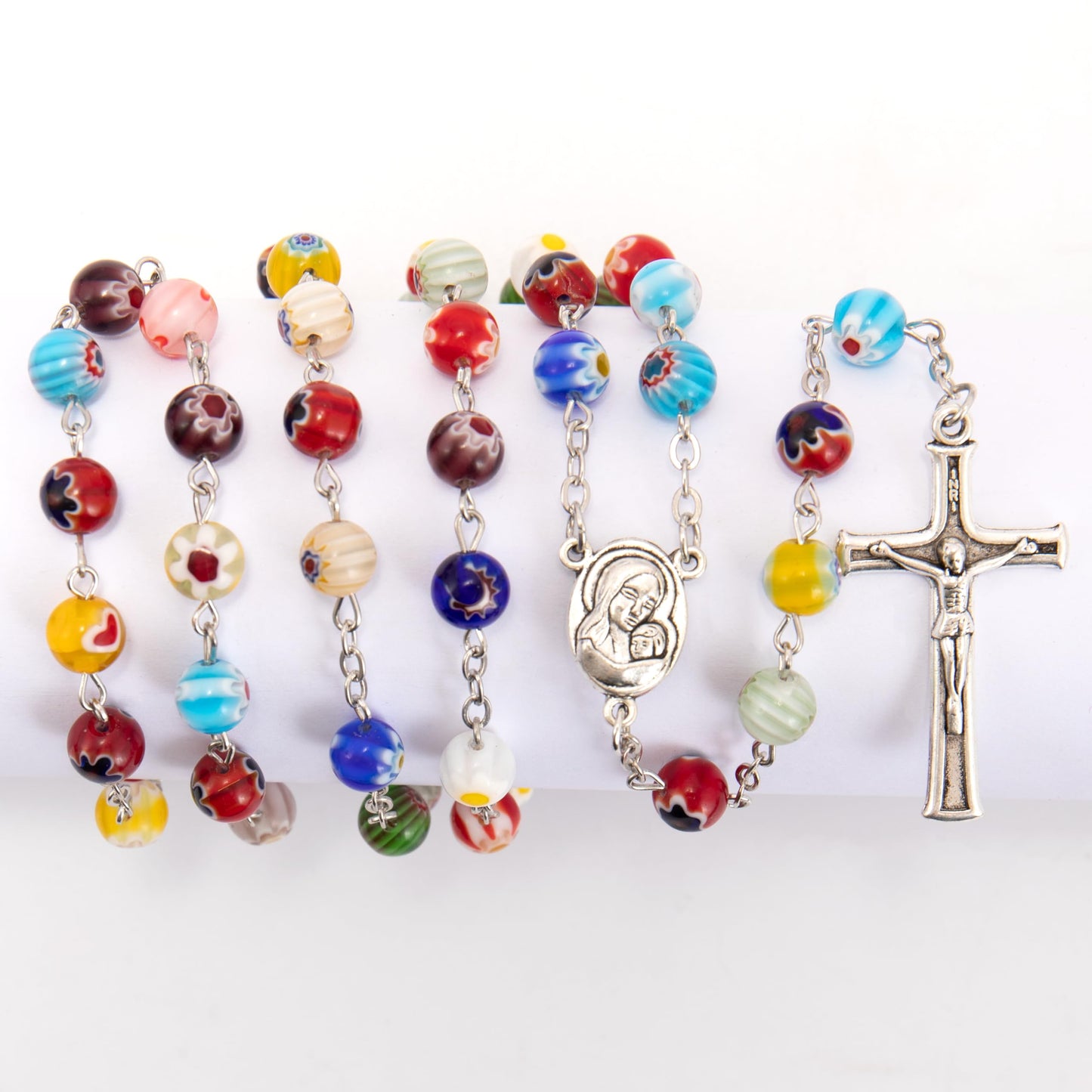 Nazareth Store Murano Glass Rosary Necklace Handmade Multicolor Millefiori Beads Rosario Holy Soil Medal and Cross Crucifix