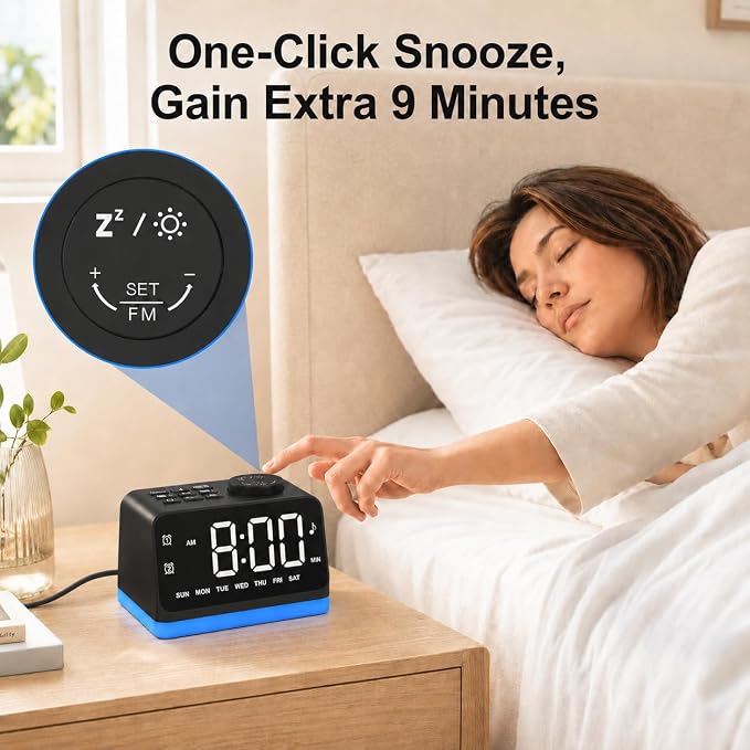 JALL Digital Alarm Clock with FM Radio for Bedroom, 8 Colors Night Light with 2 Charging Port, Sleep Sound Machines with Timer, Dual Alarm, Loud Alarm and Easy to Use for Seniors as Gift