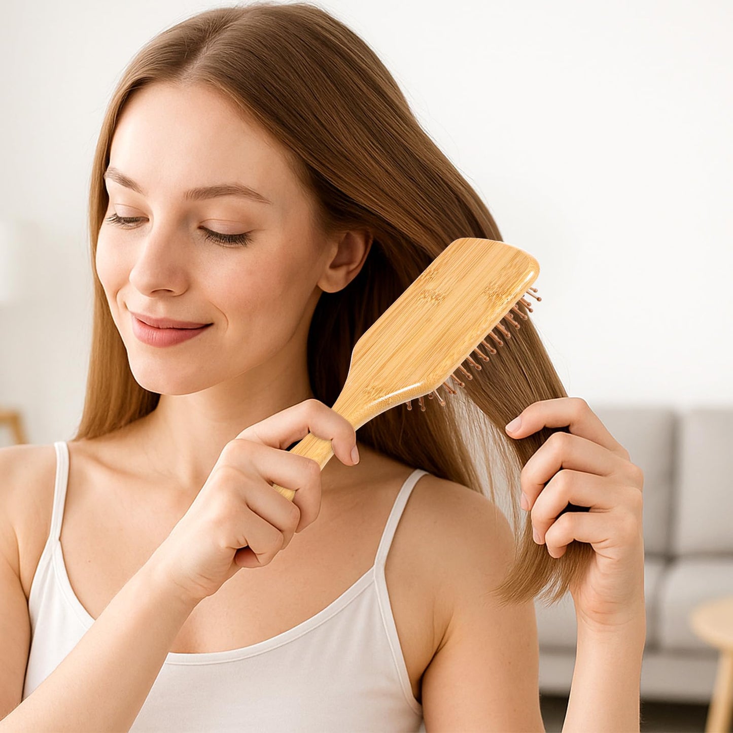 6 Pcs Natural Bamboo Hair Brushes for Scalp Massage & Detangling, Anti-Static Wooden Paddle Brush with Ergonomic Handle and Bamboo Bristles, DIY Engraving Gifts, 9.65”x3.35”